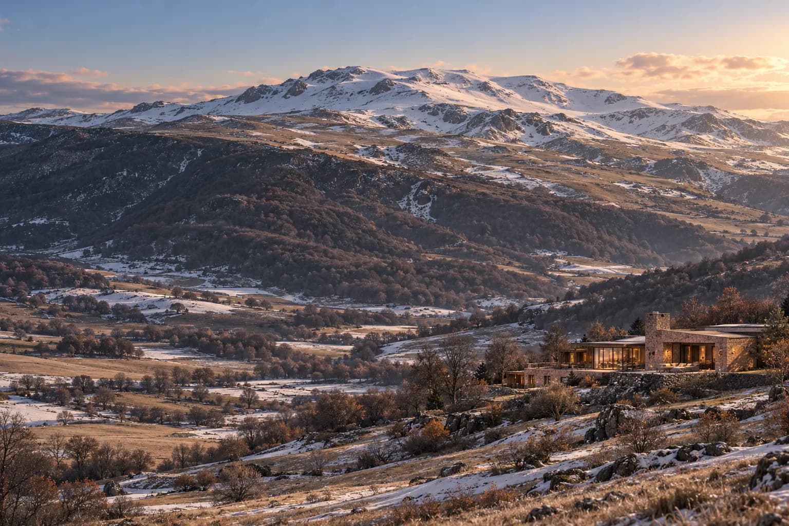 Concept visualization of the north slope of Dzithanits in winter above a Lori valley village