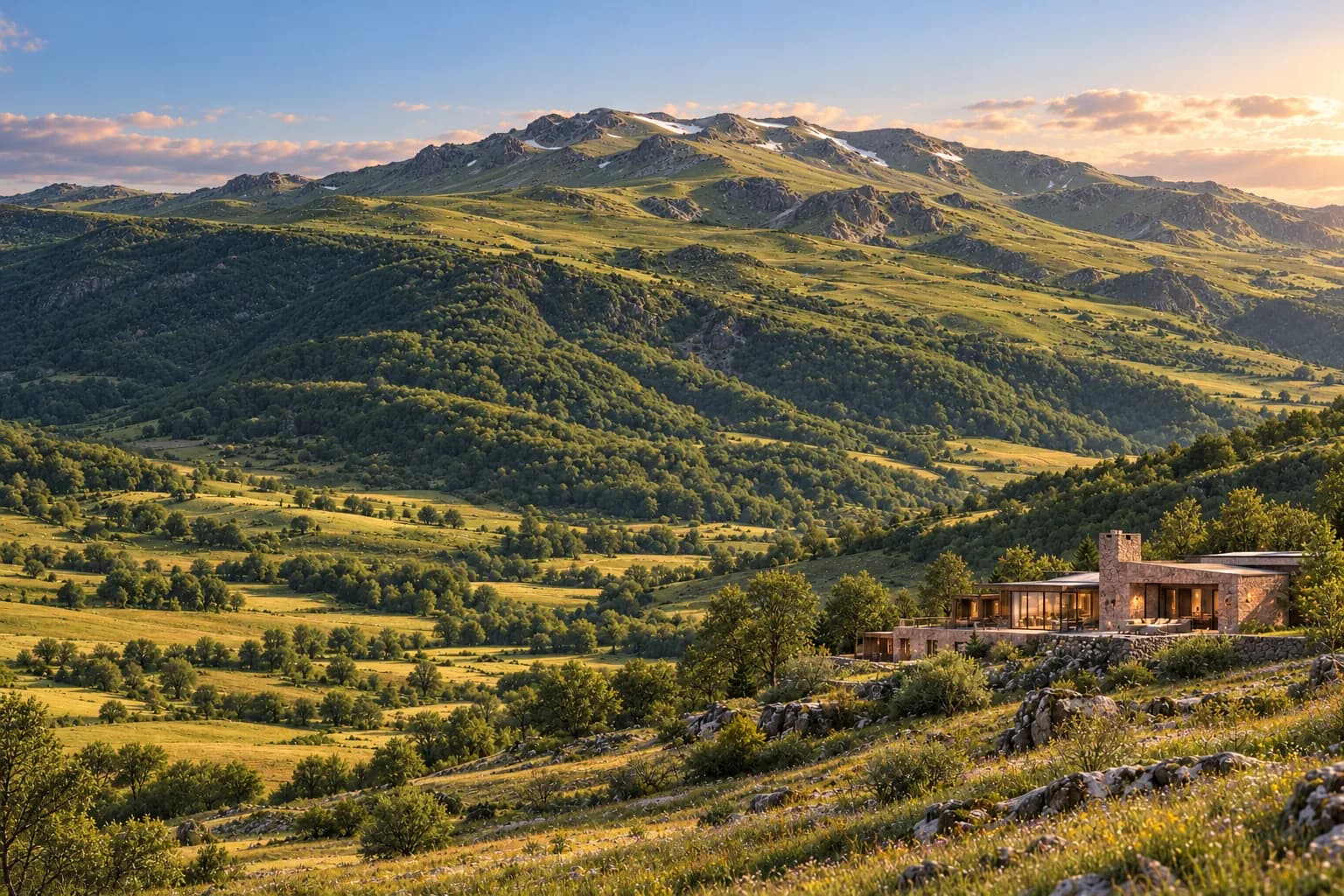 Concept visualization of the north slope of Dzithanits in summer, alpine meadow above a Lori valley